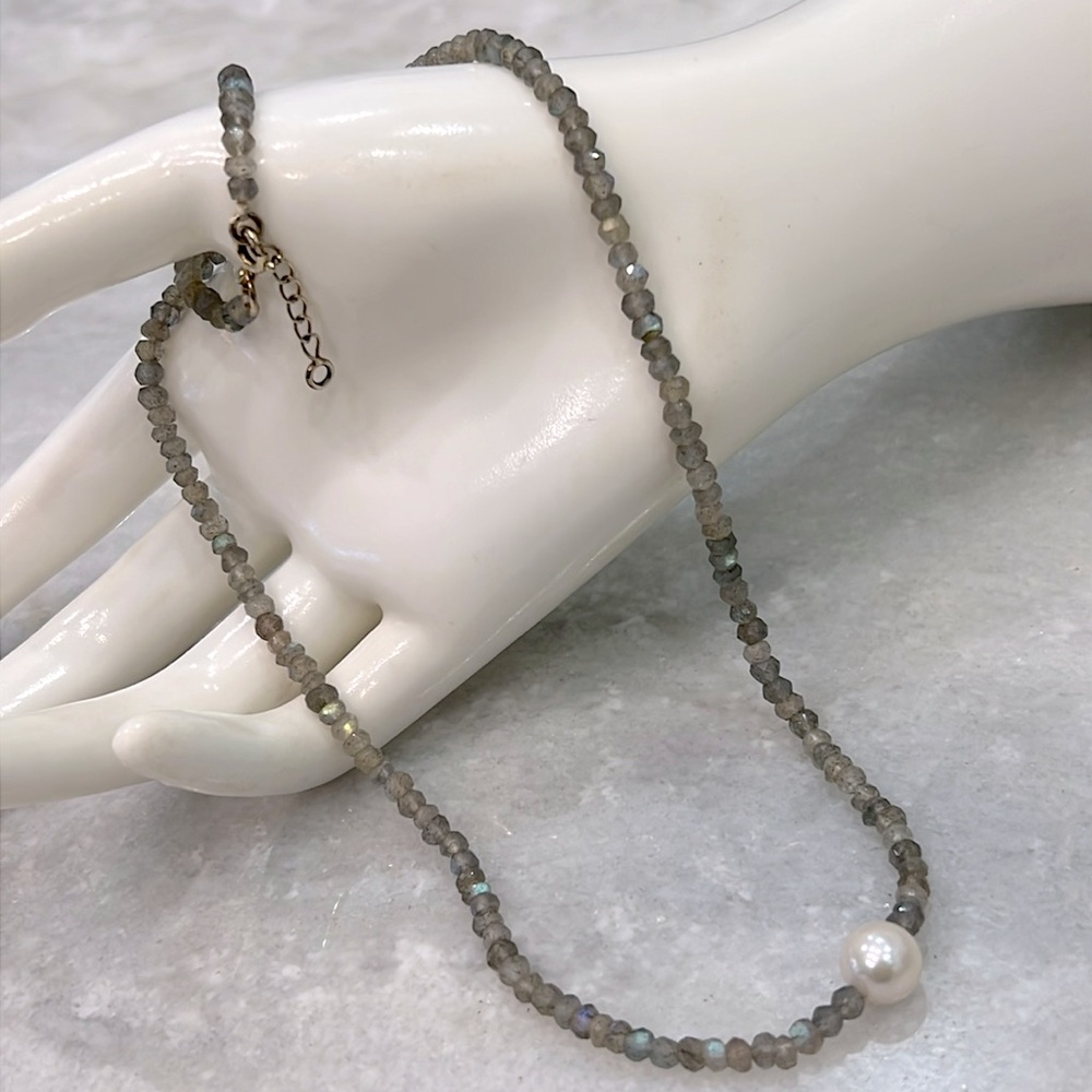 Labradorite Chip Freshwater Pearl 14K YG Sterling Silver Necklace